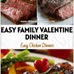 Family-style Valentine’s dinner table with healthy steak, vegetables, and heart-themed décor.
